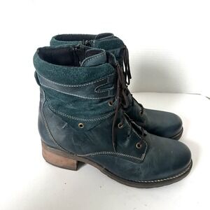 Dromedaris Kara Boots Sz 42 US 11.5 Teal Distressed Leather Lace-Up Zip Combat